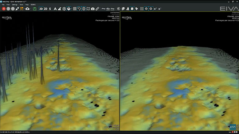 A digital terrain model DTM being cleaned of noisy sonar data in real-time