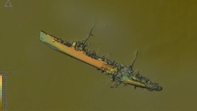 The wreck of SMS Cöln on the seabed created from data from a multi-beam survey and processed with NaviSuite software