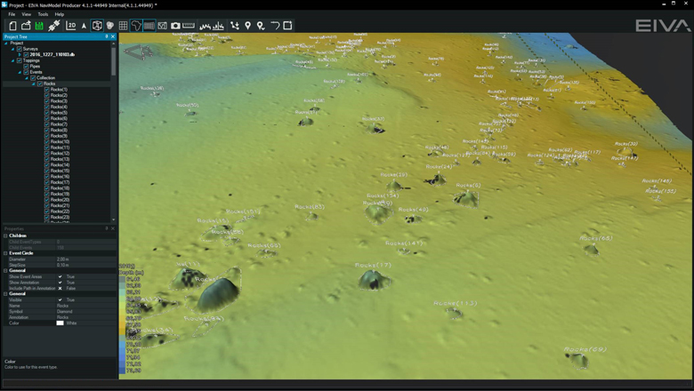 NaviModel screenshot of rock events detected by software