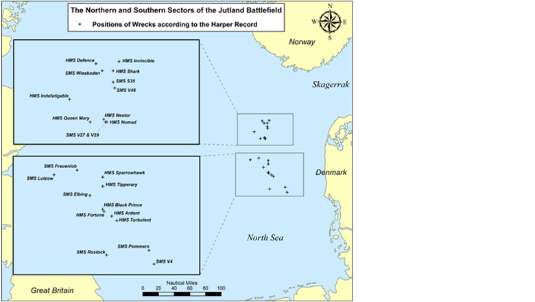 Two distinct grouping of wrecks that characterise the Jutland battlefield