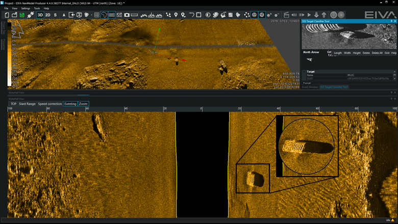 Real-time magnifying glass zoom for displaying full resolution sidescan data