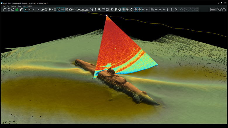 Echo intensities displayed in water column data in sonar wedge in NaviSuite