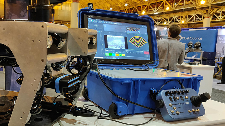 The BL300 ROV with a joystick and monitor showing sensor data in NaviSuite Mobula software