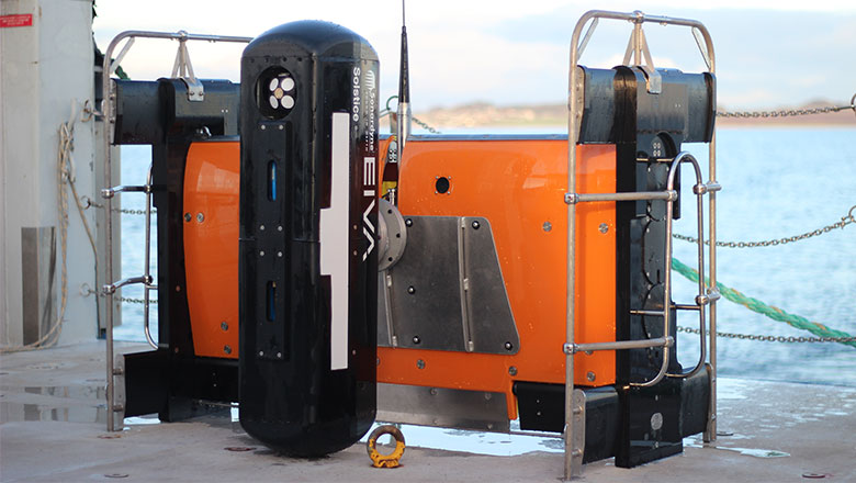 The ScanFish 3D ROTV fitted with imaging and navigation equipment on the back of a survey vessel