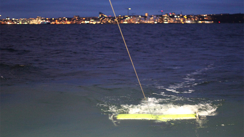 A ScanFish ROTV towed behind a survey vessel at night
