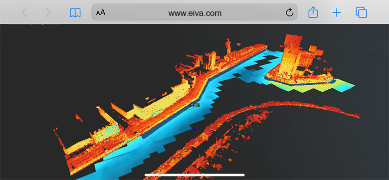 A multi-beam harbour survey visualised with 3D software on a phone