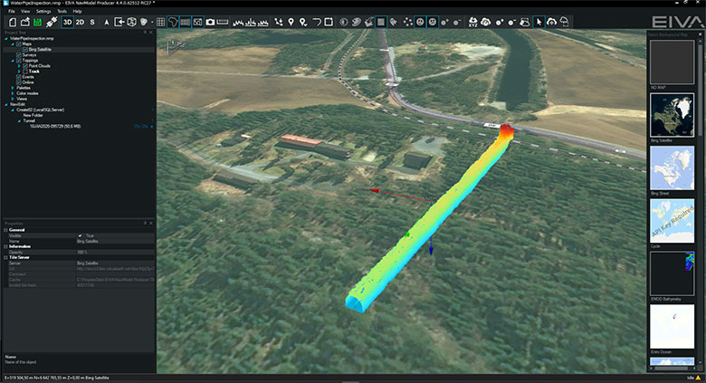 Aerial view of the sonar data from a water pipe inspection visualised in NaviModel software