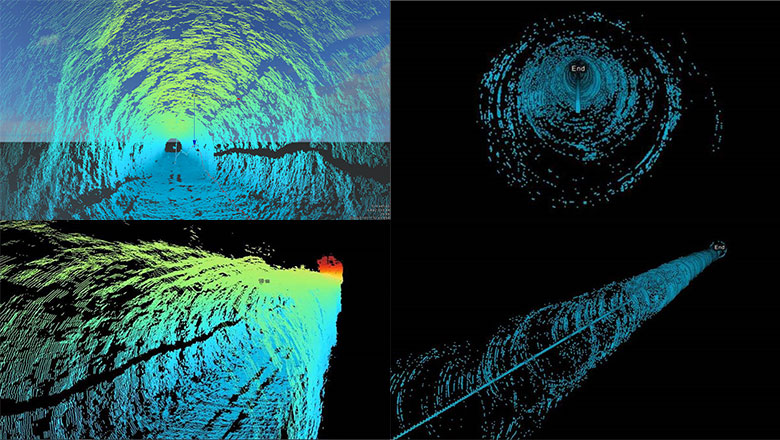 Multi-beam and single beam profiling sonar data from a tunnel inspection with cable length positioning visualised in NaviModel software