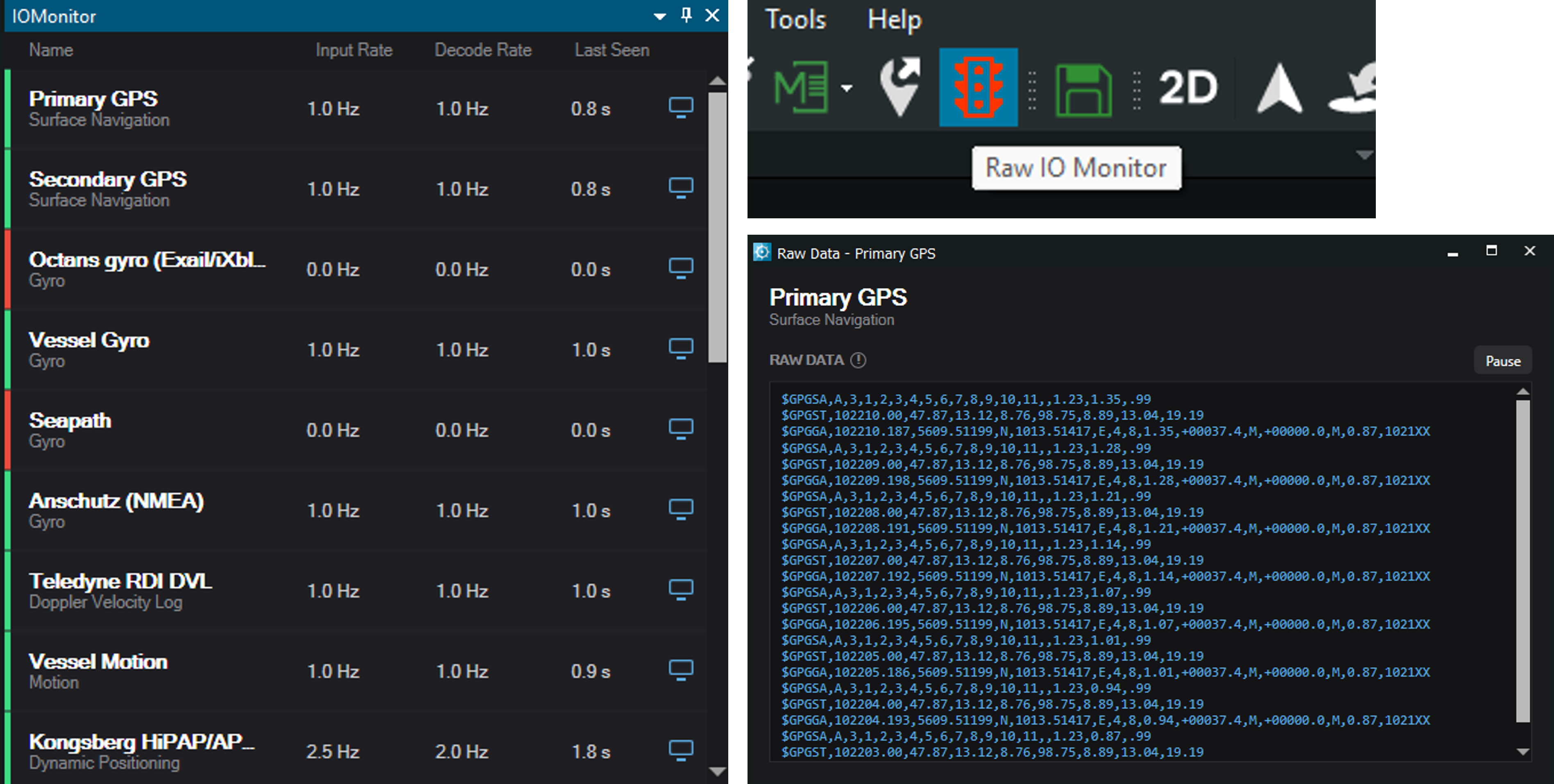 Screenshot of the I/O Monitor in Helmsman 4.14, listing instruments with their input rate, decode rate and time-since-last-data in a colour-coded table, with a raw data window open showing live sensor output.