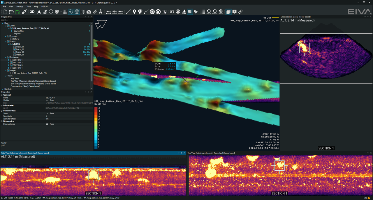 Screenshot of NaviModel Producer 4.14 showing a 3D sub-bottom terrain model with a highlighted target, a cross-section view, and matching side and top sonar views of the same target below.